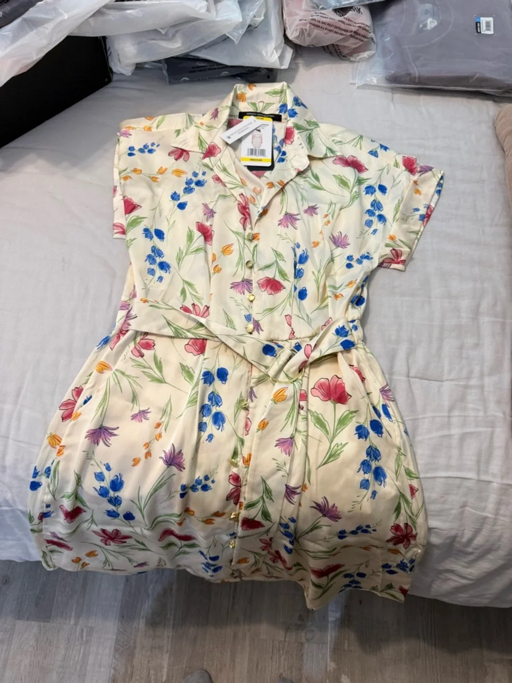 French Connection Cream Floral Button-Up Dress with Multicolor Blooms - Picture 1 of 3